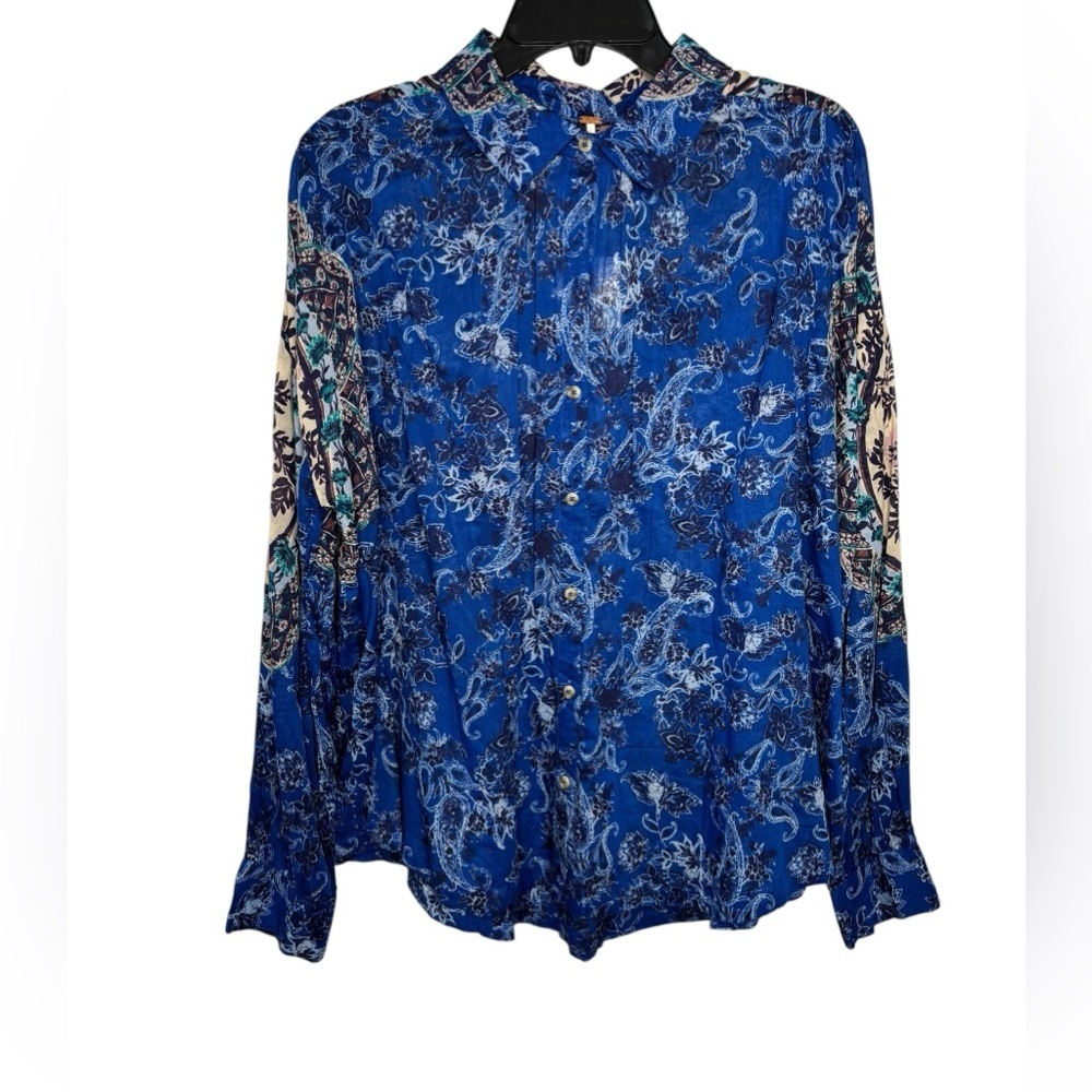 NEW Free People Rose Bud Paisley Cotton Button Up Shirt Womens Oversized Blue SM - Picture 2 of 12